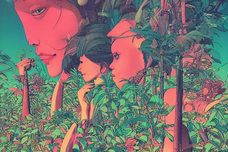 Image similar to gigantic girl faces, tiny robots, a lot of exotic vegetation around, risograph!, colorful flat surreal design, super - detailed, a lot of tiny details, fullshot, by luigi serafini and moebius