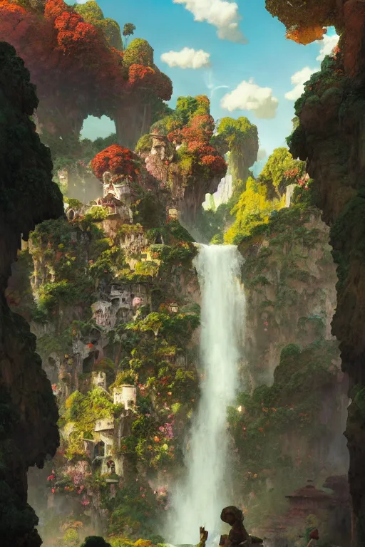 Image similar to a beautiful digital painting of an a fairy village built on an enormous waterfall by maxfield parrish, greg rutkowski, rossdraws, james jean, gerald brom, andrei riabovitchev, marc simonetti, and sakimichan, trending on artstation