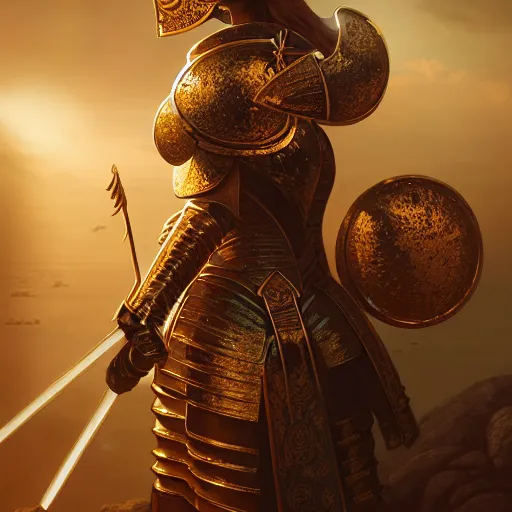 Image similar to An portrait of a female Knights of Zodiac, golden and copper armor, at ancinet Agora of Athens, ruins, Golden Light, illustration, art by greg rutkowski, Daeho Cha and WLOP, volumetric light, lightrays, smoke, cinematic, intricate, hypermaximalist, super detailed