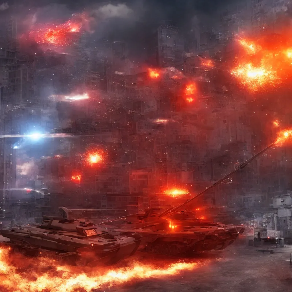 Prompt: a single futuristic tank shooting at the building, red fiery explosions, detailed, movie scene, cinematic lights, 3 d photorealistic