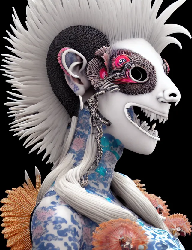 Image similar to 3 d goddess close - up profile simple portrait punk with mohawk with goat skull. beautiful intricately detailed japanese crow kitsune mask and clasical japanese kimono. betta fish, jellyfish phoenix, bio luminescent, plasma, ice, water, wind, creature, artwork by tooth wu and wlop and beeple and greg rutkowski