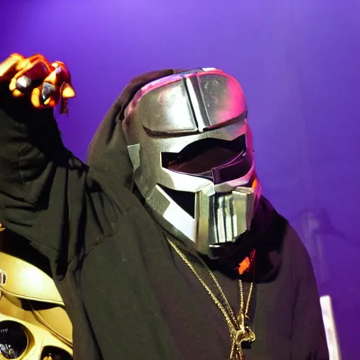 Image similar to rapper mf doom performing madvillany on stage