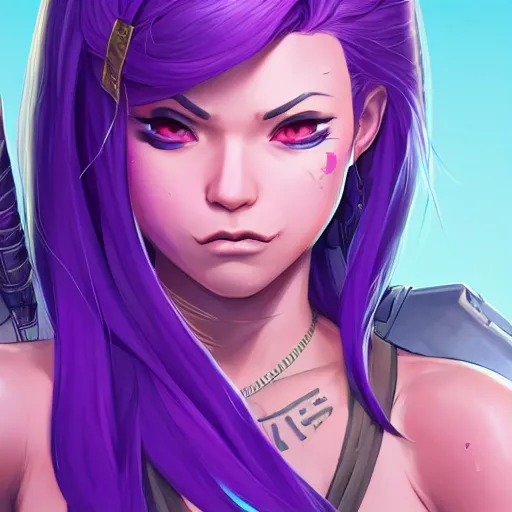 Image similar to beautiful female purple hair katana symmetrical face eyes full length fantasy art apex fortnite Video game icon, 2d game art gta5 cover , official fanart behance hd artstation by Jesper Ejsing, by RHADS, Makoto Shinkai and Lois van baarle, ilya kuvshinov, rossdraws