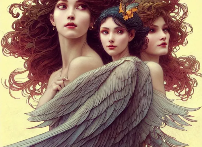 Image similar to portrait of 3 women with flowy hair, wings, confident pose, pixie, genshin impact, intricate, elegant, sharp focus, soft bokeh, illustration, highly detailed, concept art, matte, trending on artstation, bright colors, art by wlop and artgerm and greg rutkowski, mucha, giger, marvel comics