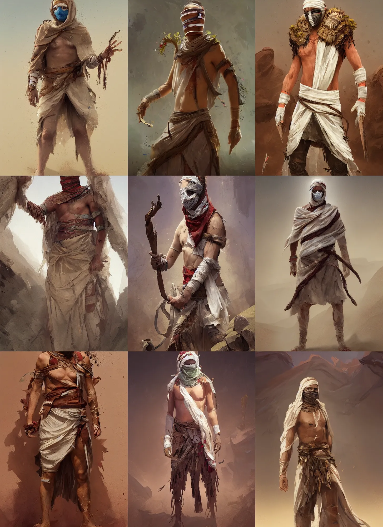 Image similar to a desert druid wearing bandages all over his body, full body, covered in bandages, masked, greg rutkowski