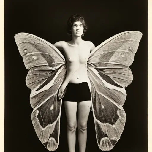 Image similar to a person with moth wings and a proboscis, large format film photograph by richard avedon