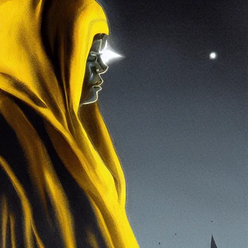 Prompt: An eerie figure wearing frayed yellow hooded robes. Detailed. Black Solar Eclipse in background. Dark Tone. Artstation. Concept art