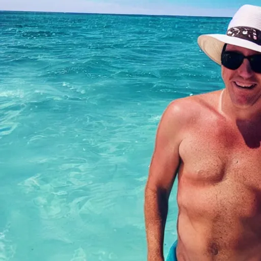 Prompt: photo of a 4 0 year old white man living the best life possible. he looks young for his age. women in bikinis can be seen behind him, it's as if he were in a music video and didn't know it.