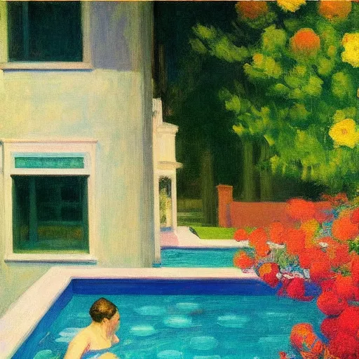 Image similar to a swimming pool in the middle of flowers by Edward Hopper