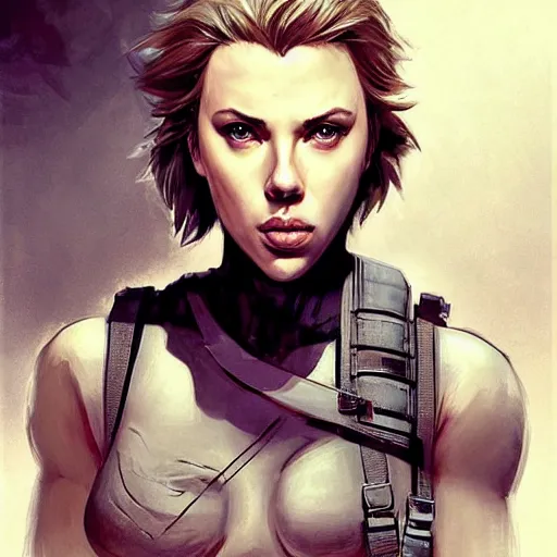 Image similar to old solid snake played by by mature scarlett johansson, face portrait, hd shot, digital portrait, elegant, beautiful, fantasy art, artstation, comic style, by artgerm, guy denning, jakub rozalski, magali villeneuve and charlie bowater