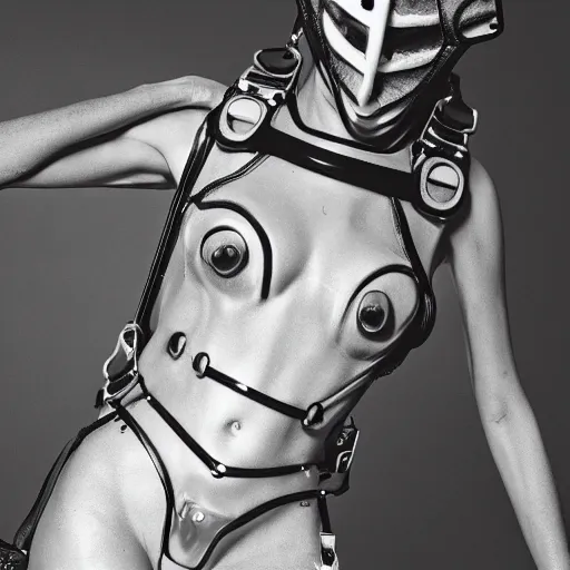 Image similar to fashion photography of an extraterrestrial model, wearing a gaz mask, wearing demobaza fashion, inside berghain, berlin fashion, harness, futuristic fashion, dark minimal outfit, photo 3 5 mm leica, hyperdetail, berghain, 8 k, very detailed, photo by nick knight