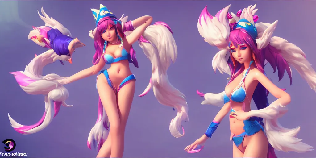 Image similar to Character sheet of gorgeous pool party ahri (League of Legends). 3d octane render trending on artstation