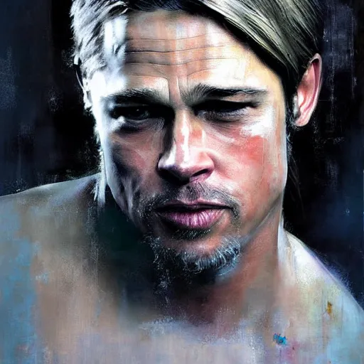 Prompt: feminine facial features brad pitt jeremy mann painting