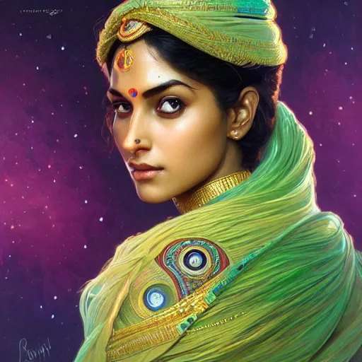 Prompt: Portrait of very very very very very very beautiful Indian woman, spacesuit, green eyes, intricate, elegant, highly detailed, digital painting, artstation, concept art, smooth, sharp focus, illustration, art by artgerm and greg rutkowski and alphonse mucha