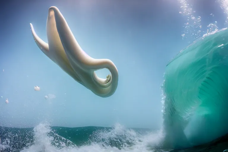 Image similar to underwater photography of a gigantic white octopus jumping a wave at nazare