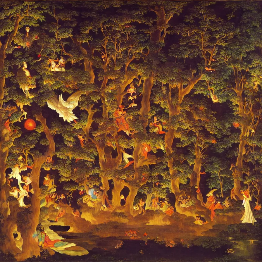 Image similar to a night carnival around a magical tree cavity, with a surreal orange moonlight and fireworks in the background, next to a lake with iridiscent water, christmas lights, folklore animals and people disguised as fantastic creatures in a magical forest by summer night, masterpiece painted by frederic leighton, dark night environment