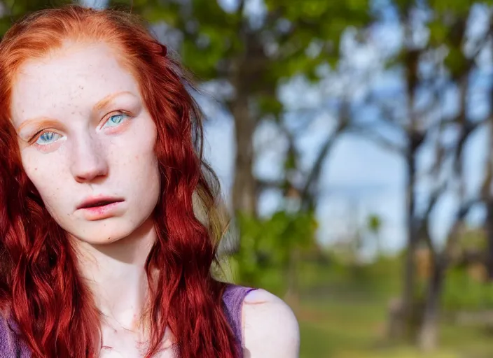 Image similar to close up portrait photograph of a thin young redhead woman with russian descent, sunbathed skin, with deep blue eyes. Wavy long maroon colored hair. she looks directly at the camera. Slightly open mouth, face takes up half of the photo. a park visible in the background. 55mm nikon. Intricate. Very detailed 8k texture. Sharp. Cinematic post-processing. Award winning portrait photography. Sharp eyes.