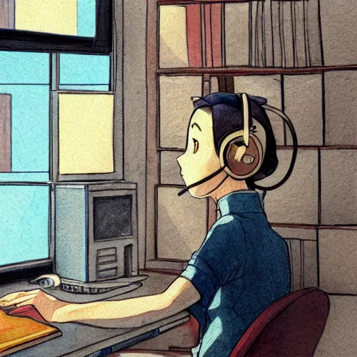 Image similar to anime girl wearing headphones sits at a desk in her bedroom studying, beautiful light thorough window in the style of lofi hiphop in pencil and watercolor by glen keane