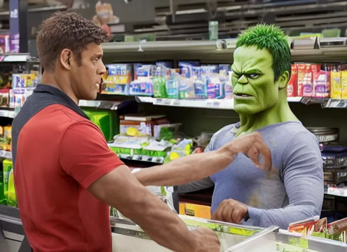 Image similar to film still of hulk working as a cashier in a grocery store in the new avengers movie, 4 k