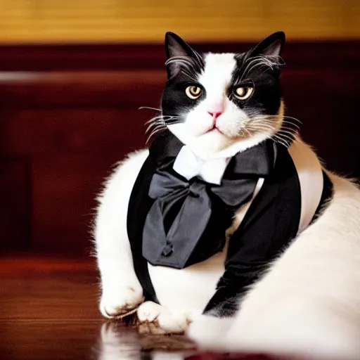 Image similar to photograph of a very fat and judgmental cat wearing a full tuxedo sitting in a dimly lit parlor lounge