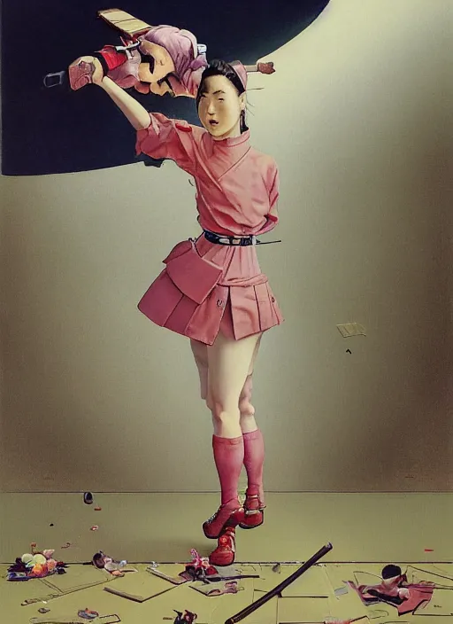 Prompt: realistic detailed image of a japanese girl fighting ww2 in a maid uniform in the style of Francis Bacon, Surreal, Norman Rockwell and James Jean, Greg Hildebrandt, and Mark Brooks, triadic color scheme, By Greg Rutkowski, in the style of Francis Bacon and Syd Mead and Edward Hopper and Norman Rockwell and Beksinski, dark surrealism, open ceiling, highly detailed, painted by Francis Bacon, painted by James Gilleard, surrealism, by Nicola Samori, airbrush, Ilya Kuvshinov, WLOP, Stanley Artgerm, very coherent, art by Takato Yamamoto and James Jean