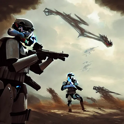 Prompt: commission of stormtroopers shooting a dragon,digital art,realistic,art by greg rutkowski,ross tran,trevor henderson,photorealistic,hyperdetailed,cinematic shot,western comic style,award winning,professional lighting