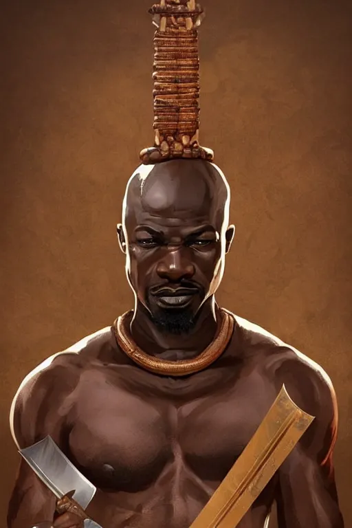 Prompt: Ogun and his knives, ancient orisha, African Warrior God of Craftsmen and Hunters, bronze-brown skin with masculine features - strong jaw line, bald head and menacing look, medium shot digital illustration trending on artstation by artgerm and raphaelite, face by wlop, detailed and concise
