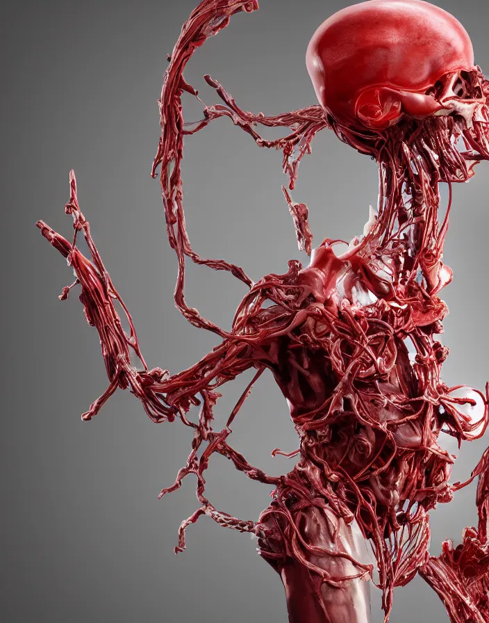 Prompt: biomechanical dressin the form of a wax liquid sculpture full lenght view, stands on rock, burning red wax .woman wearing a helmet. white plastic, human skull, swollen muscles, tumors, veins, tendons, wires, baroque elements. intricate drawings. halo. octane rendering, cinematic, hyperrealism, octane rendering, 8k, depth of field, bokeh. iridescent accents. vibrant. teal gold and red color scheme