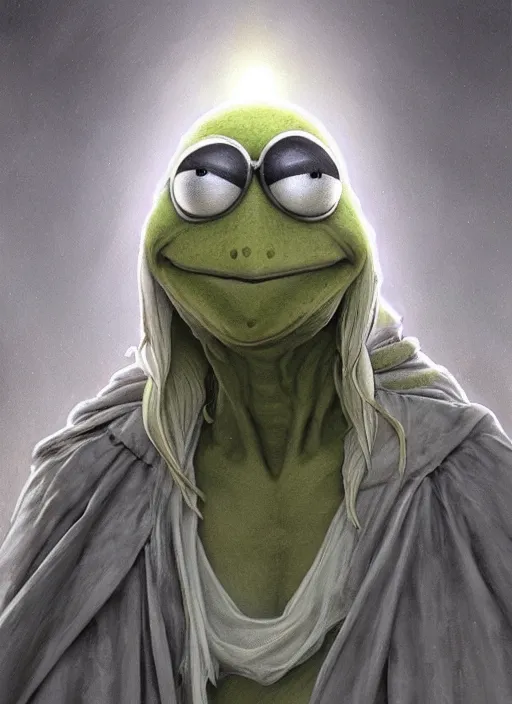 Image similar to Portrait of Kermit the Frog, white glowing eyes, silver hair, cloak, ethereal wings, male, fantasy, extremely detailed, digital painting, artstation, concept art, smooth, sharp focus, illustration, stunning lighting, art by artgerm and greg rutkowski and alphonse mucha and simon stalenhag, realistic character concept, high fantasy, light atmosphere, golden ratio, cinematic lighting, hyperdetailed, high resolution, insanely detailed and intricate, artstation, Marc Simonetti, Greg Rutkowski, 8k