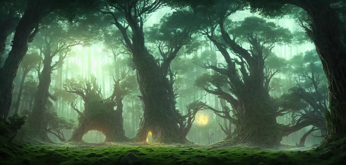 Prompt: random mystic forest giant house landscape, big glowing magic giant portal, huge central symmetrical composition, incredible, vector art, octane render, fabulous, hyper detailed, random cinematic view, no noise, global illumination, warm lighting, volumetric, godrays, vivid, beautiful, by jordan grimmer