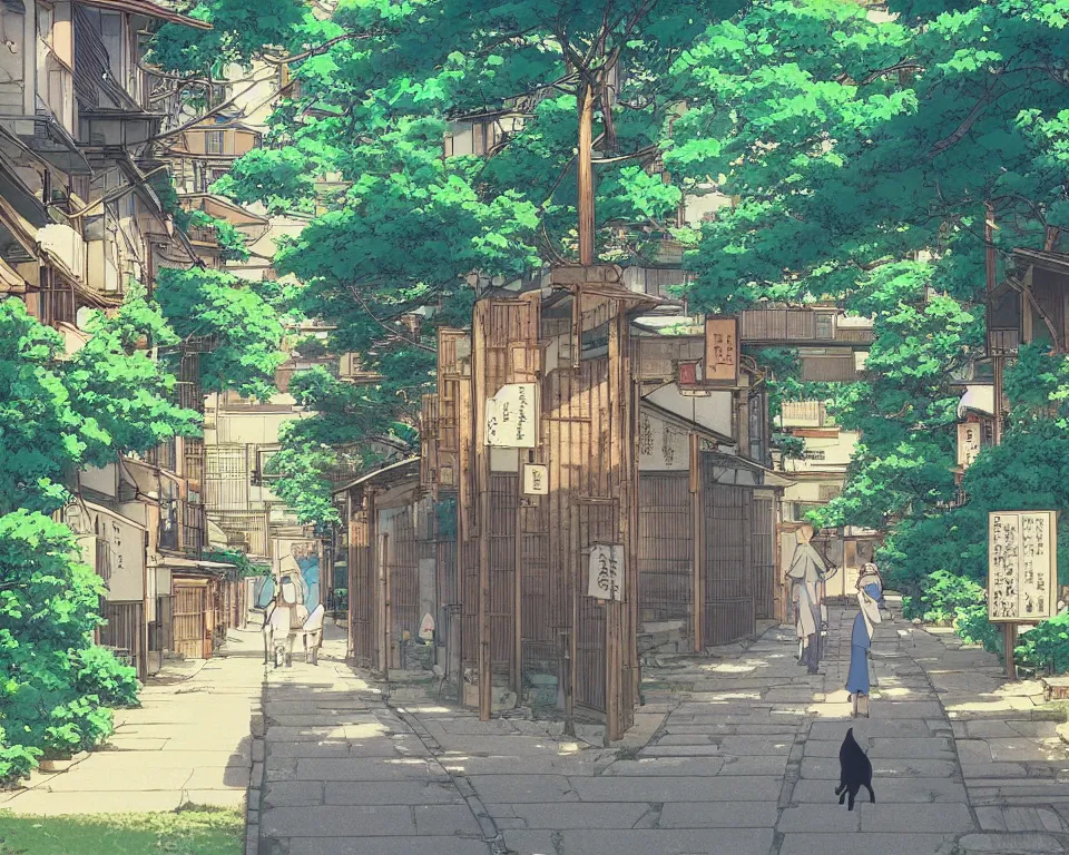 Prompt: beautiful illustration, view from behind a cat walking down the footpath in kyoto on a fine summers day, anime manga style, aesthetic, scene from the movie'your name ', makoto shinkai