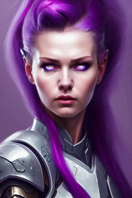 Image similar to alexey gurylev, close up portrait, pale woman in sci - fi armor with purple ponytail hair, mysterious, deep focus, d & d, complex, elegant, highly detailed, digital painting, artstation, concept art, matte, clear focus, illustration, hearthstone, artgerm art, greg rutkovsky and alphonse mucha