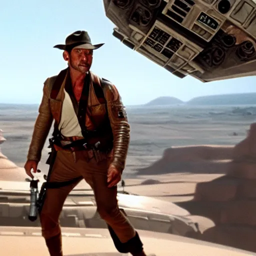 Prompt: indiana jones piloting the millennium falcon in star wars