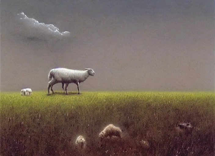 Image similar to shepherd grazes sheep on a green meadow by Luis Royo and Beksinski