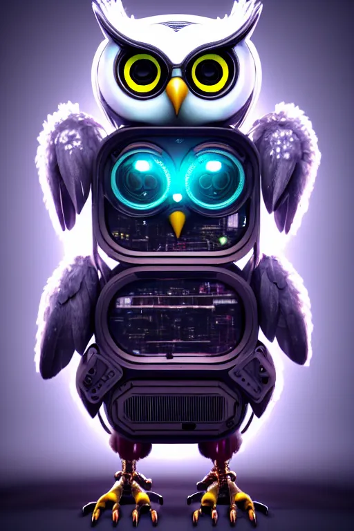 Image similar to high quality 3 d render very cute cyborg owl! with boombox!, cyberpunk highly detailed, unreal engine cinematic smooth, in the style of blade runner & detective pikachu, hannah yata charlie immer, moody light, low angle, uhd 8 k, sharp focus