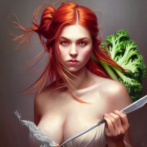 Prompt: a beautiful painting of a gorgeous young mother with auburn side braid draped over her shoulder and pretty hazel eyes, representative of the art style of artgerm and wlop and peter mohrbacher, holding knife and chopping vegetables