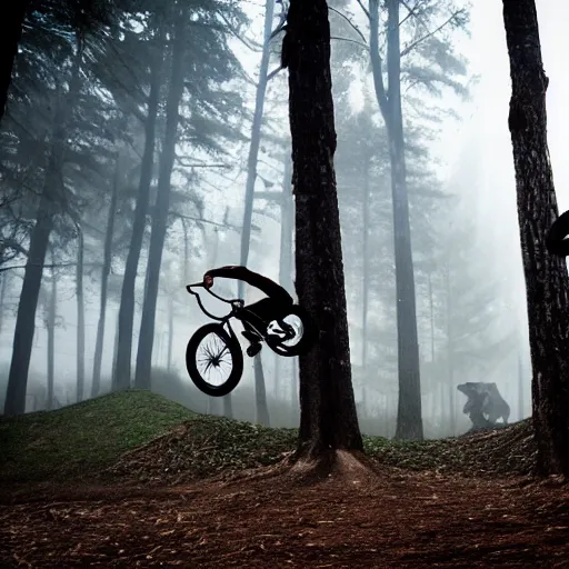 Image similar to a pro bmx biker doing tricks in a haunted forest filled with twisting old trees, vines, fog and creepy lighting