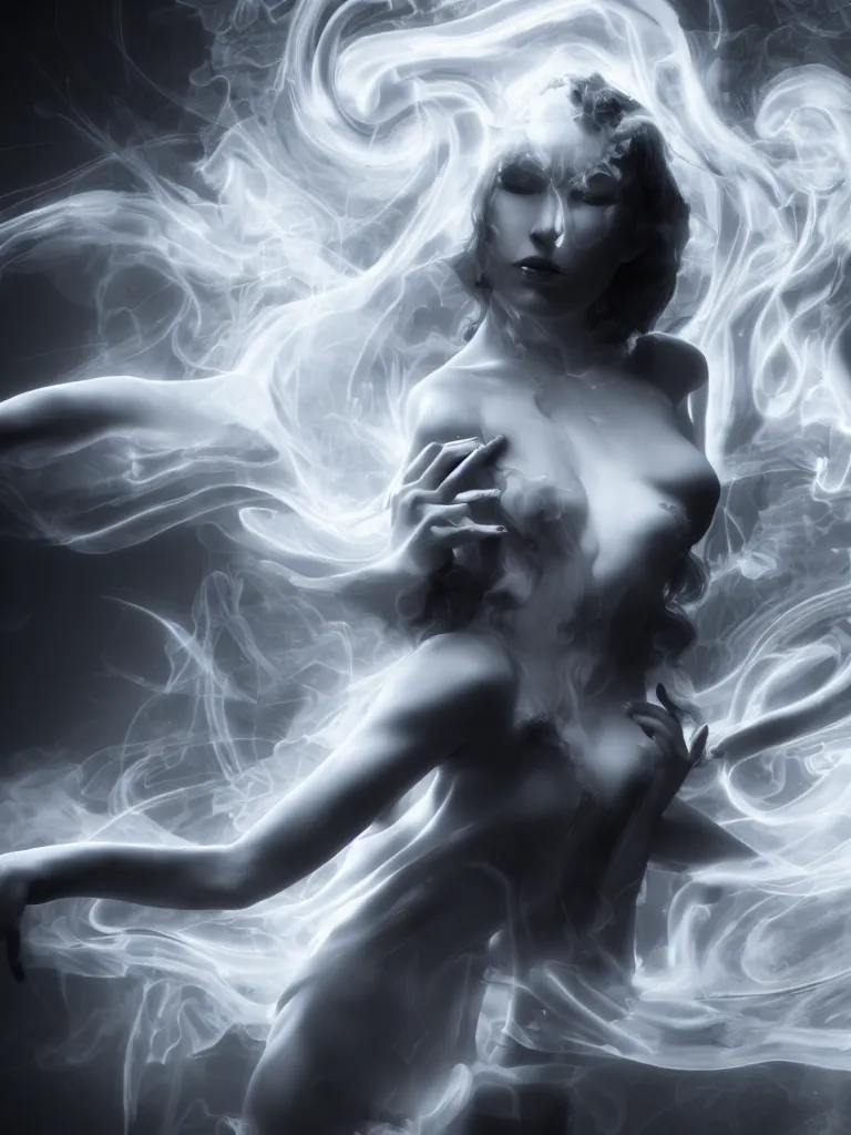 Prompt: white noir priestess, flowing swirls of smoke, hyperreal octane render volumtric cinematic