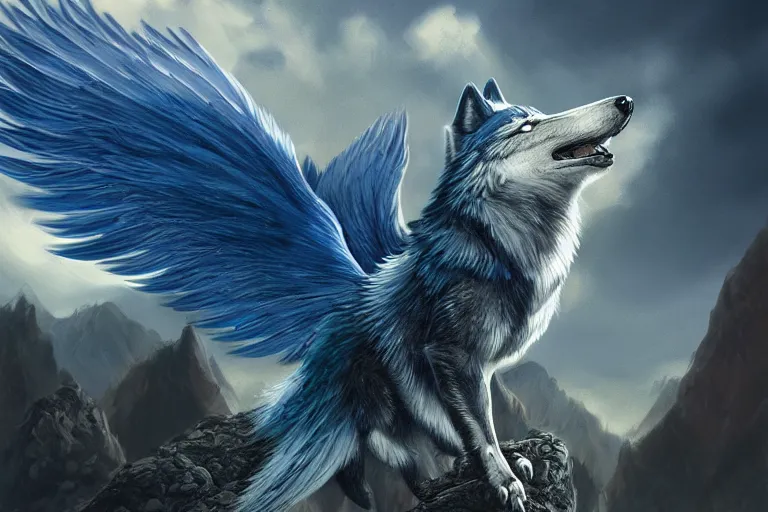 Prompt: Blue feathered wolf with wings on a beautiful fantasy landscape, hills, mountains, HD, post processing, ultra detailed, trending on artstation