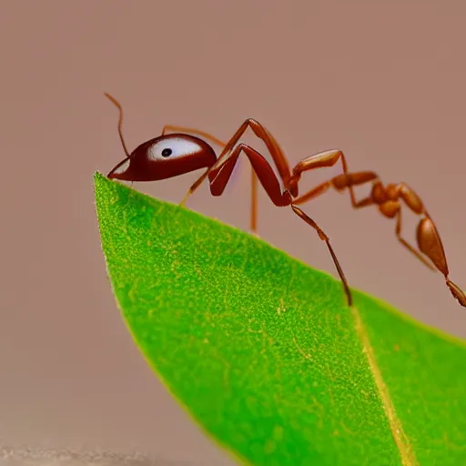 Prompt: A leaf cutter ant carrying a vibrant green leaf, boke