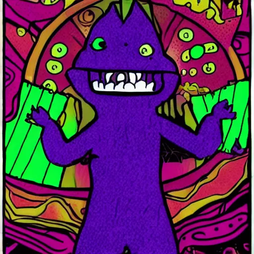 Prompt: barney in a psychedelic dystopian evil nightmare