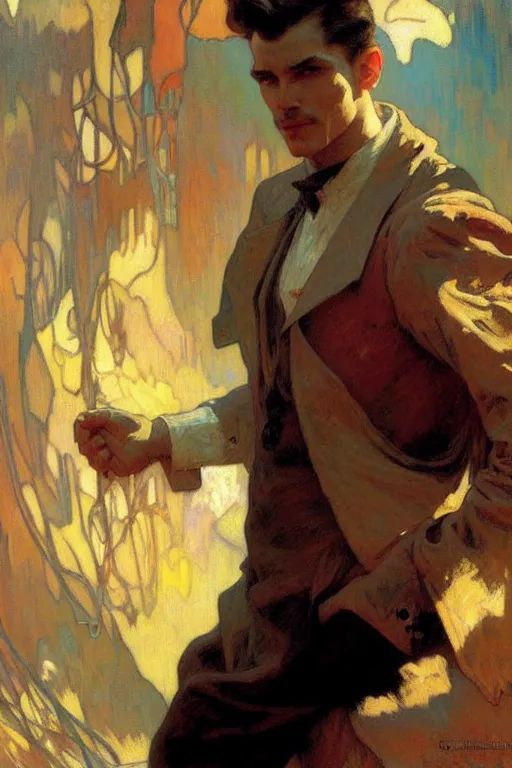 Image similar to attractive man, futurism, painting by gaston bussiere, craig mullins, greg rutkowski, alphonse mucha