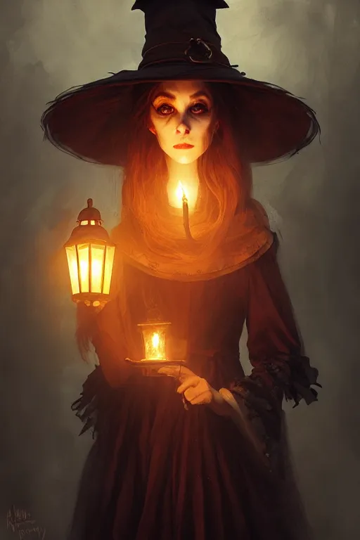 Image similar to portrait of a ghoulish victorian witch dark cheekbones holding a lantern, halloween night, charlie bowater, artgerm, ilya kuvshinov, krenz cushart, ruan jia, realism, ultra detailed, 8 k resolution