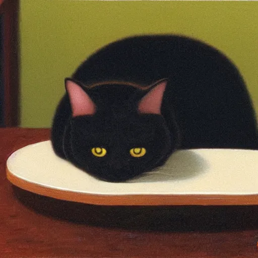 Image similar to black cat licking bread on a table, by Quint Buchholz