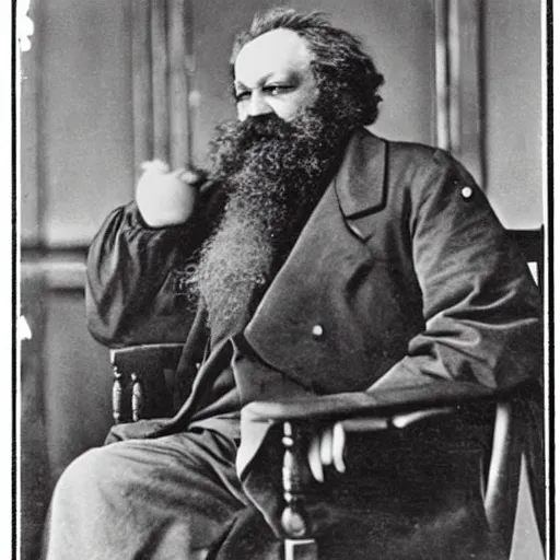 Image similar to Karl Marx looking at ipone, photo, 1920