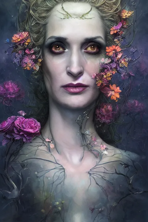 Image similar to closeup portrait shot of winona ryder as delirium of the endless, the sandman, the fairy queen, floral growth, thick fancy makeup, highly detailed, digital painting, artstation, concept art, soft focus, depth of field, artgerm, tomasz alen kopera, peter mohrbacher, donato giancola, wlop, boris vallejo