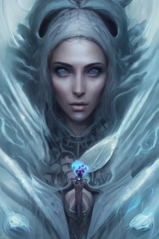 Image similar to face closeup beautiful girl necromancer covered with sculls, wizard of the coast casting magic spell, angel, magic storm and thunder clouds, fantasy, magic the gathering, hyper detailed, 3 d render, hyper realistic detailed portrait, peter mohrbacher