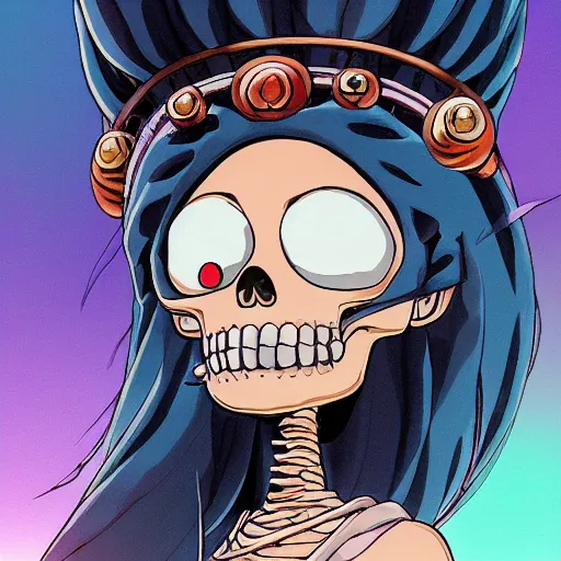 Image similar to manga fine details portrait of joyful skull girl, floeers in hair, marge simpson, skeleton. anime masterpiece by Studio Ghibli. 8k render, sharp high quality anime illustration in style of Ghibli, artstation