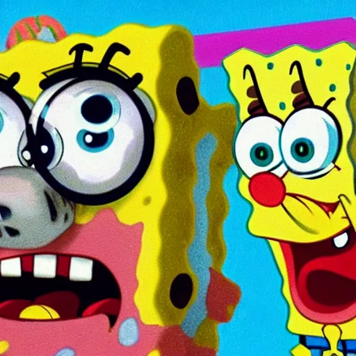 Prompt: spongebob squarepants, evil!!!!!!! sharp teeth, horror, realistic, human like