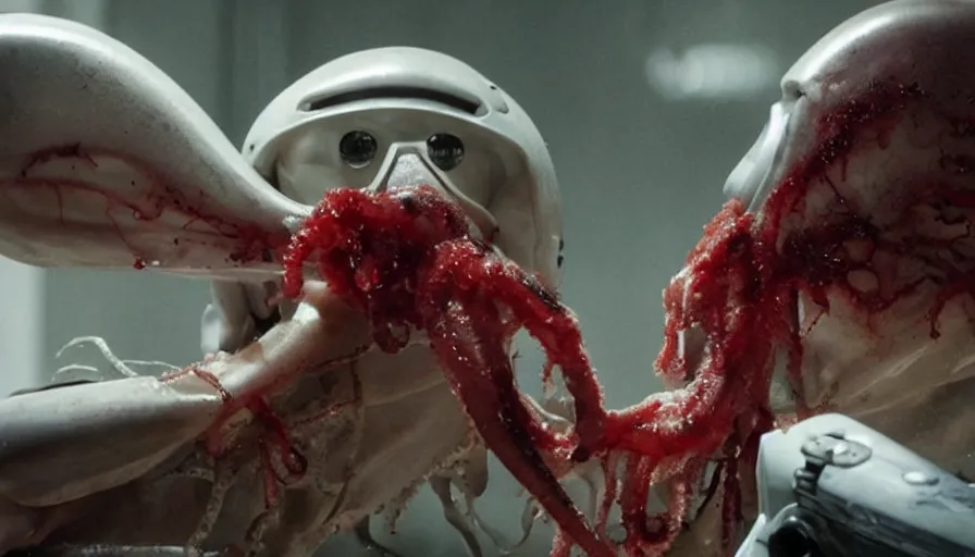 Prompt: Big budget horror movie, a squid bloodily decapitates a cyborg